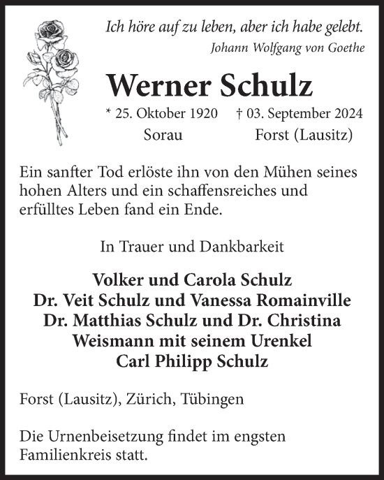 Traueranzeige von Werner Schulz von WochenKurier