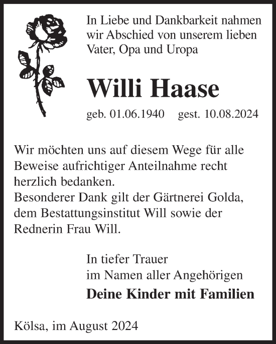 Traueranzeige von Willi Haase von WochenKurier