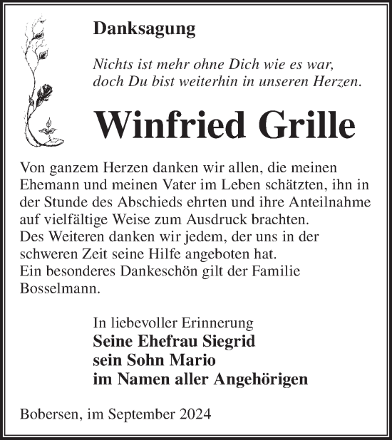 Traueranzeige von Winfried Grille von WochenKurier