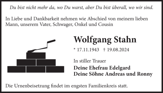 Traueranzeige von Wolfgang Stahn von WochenKurier