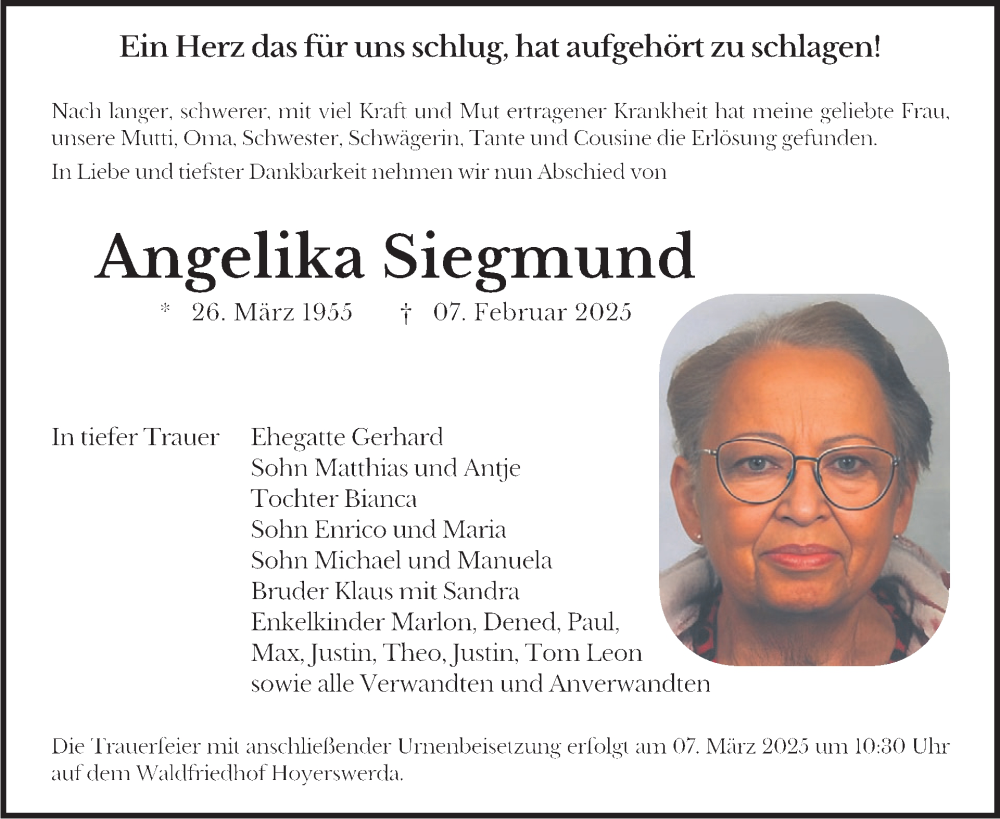  Traueranzeige für Angelika Siegmund vom 15.02.2025 aus WochenKurier