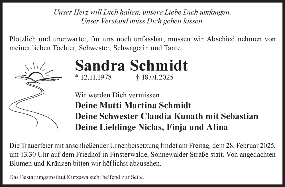  Traueranzeige für Sandra Schmidt vom 12.02.2025 aus WochenKurier