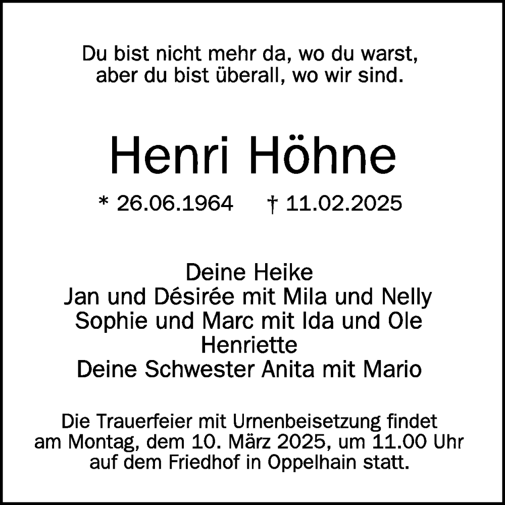  Traueranzeige für Henri Höhne vom 05.03.2025 aus WochenKurier