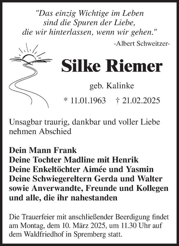  Traueranzeige für Silke Riemer vom 05.03.2025 aus WochenKurier