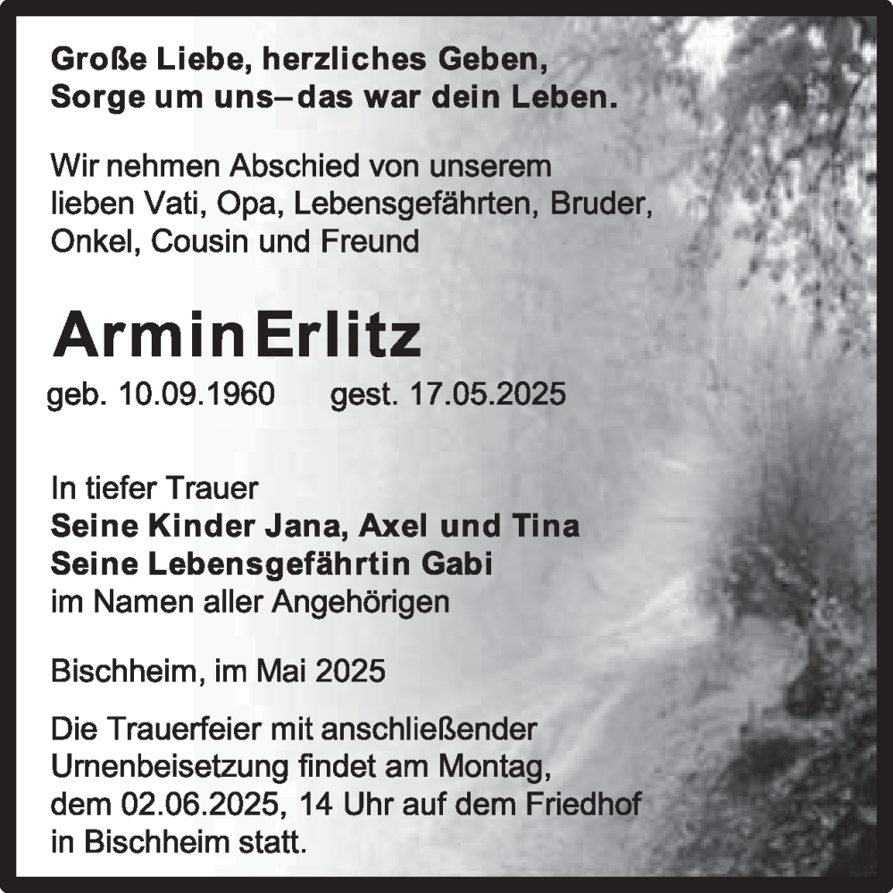  Traueranzeige für Armin Erlitz vom 24.05.2025 aus WochenKurier