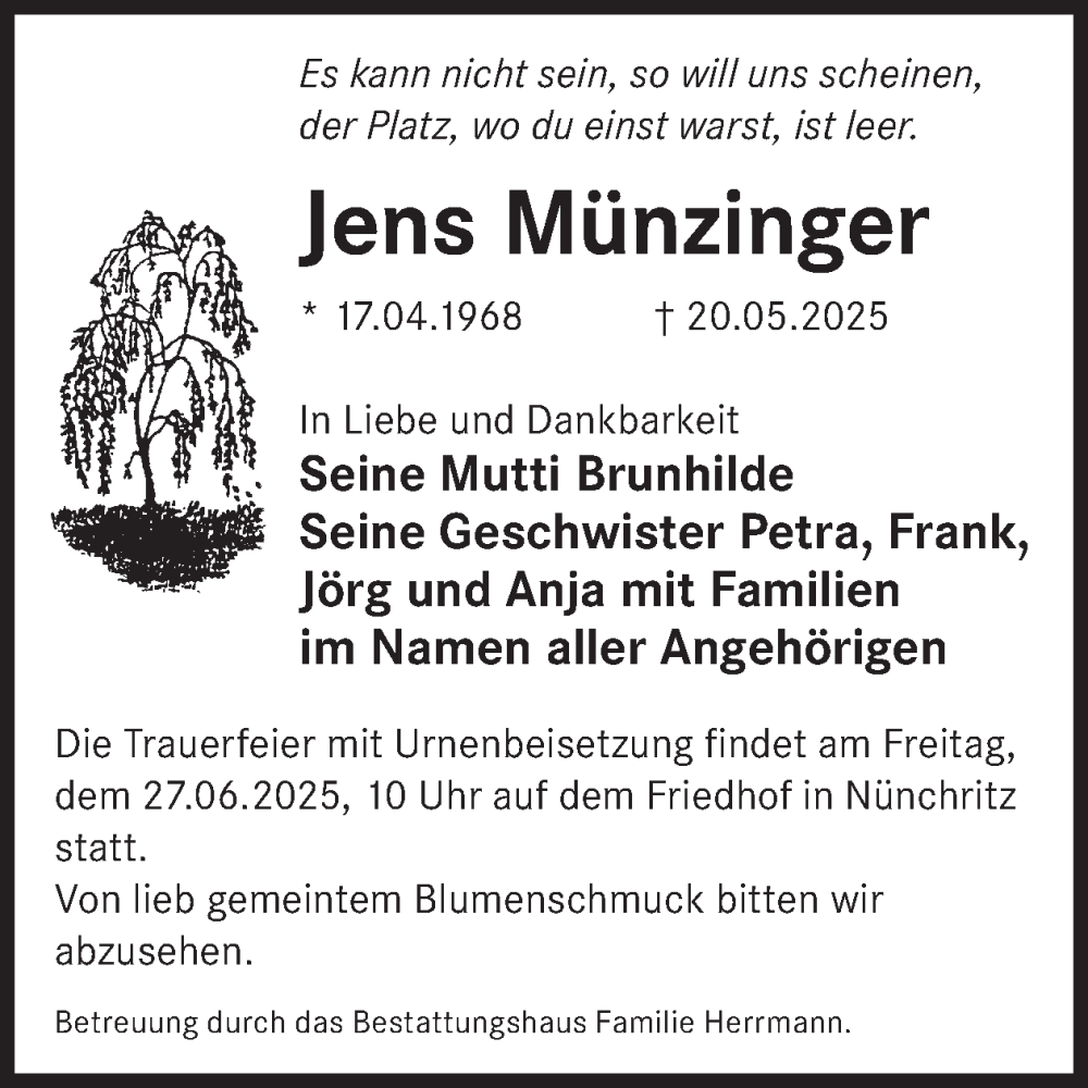  Traueranzeige für Jens Münzinger vom 07.06.2025 aus WochenKurier