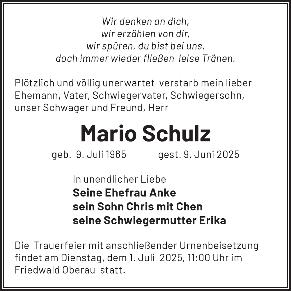  Traueranzeige für Mario Schulz vom 28.06.2025 aus WochenKurier